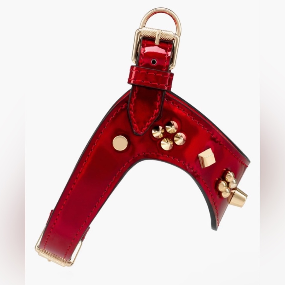Christian Louboutin LoubiHarness XS Psychic Patent Red Leather Gold Tone Spikes - Picture 3 of 5